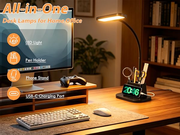 LED Desk Lamp for Dorm Room with Pen Holder USB Charging Port Small Reading Light for Home Office