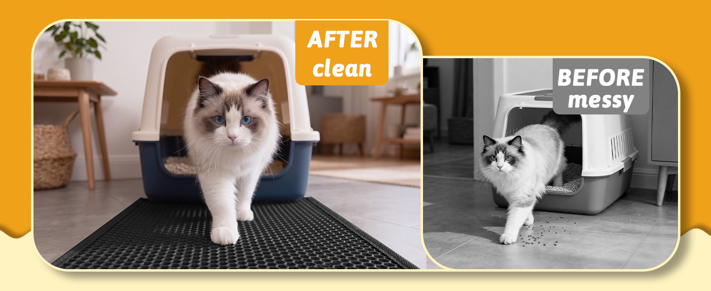 Text reads 'AFTER', 'BEFORE'. Before/after comparison showing cat using litter box mat, demonstrating debris containment and cleanliness improvement with contrasting floor surfaces.