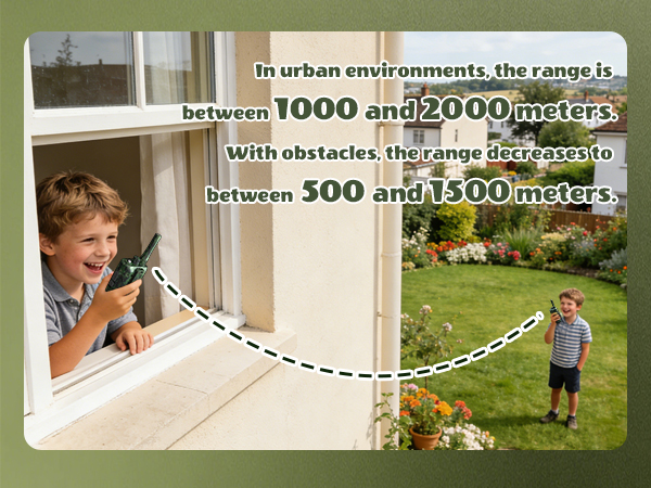 Text reads 'In urban environments, the range is between 500 and 1500 meters'. Outdoor scenes showing wireless connectivity range between buildings and yards.