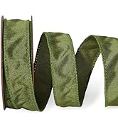 LaRibbons Moss Green Ribbon Wired 1 Inch x 10 Yards Christmas Dupioni Green Ribbon for Gift Wrapp...