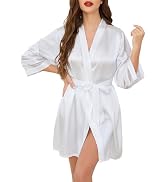 Vlazom Women's Silky Satin Robe 3/4 Sleeves with Sheer Mesh Cuffs Bathrobe for Bridal, Spa or Eve...