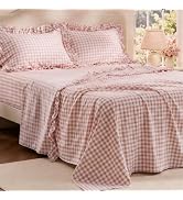 Bedsure Gingham Sheets Queen Size, Pink Ruffle Farmhouse Plaid Bed Sheets | Imitation Cotton Text...