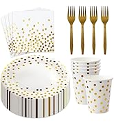 160 Pieces White and Gold Plates, Birthday Cake Party Plates and Napkins, Wedding Disposable Tabl...