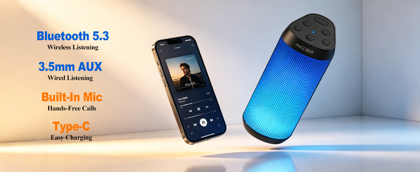 Bluetooth 5.3 Fast Connection with 3.5mm AUX input, built-in mic for answering, rejecting calls