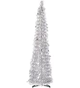 CCINEE 5FT Christmas Tinsel Tree Collapsible Stand Easy-Assembly Silver Tinsel Xmas Tree for Holi...