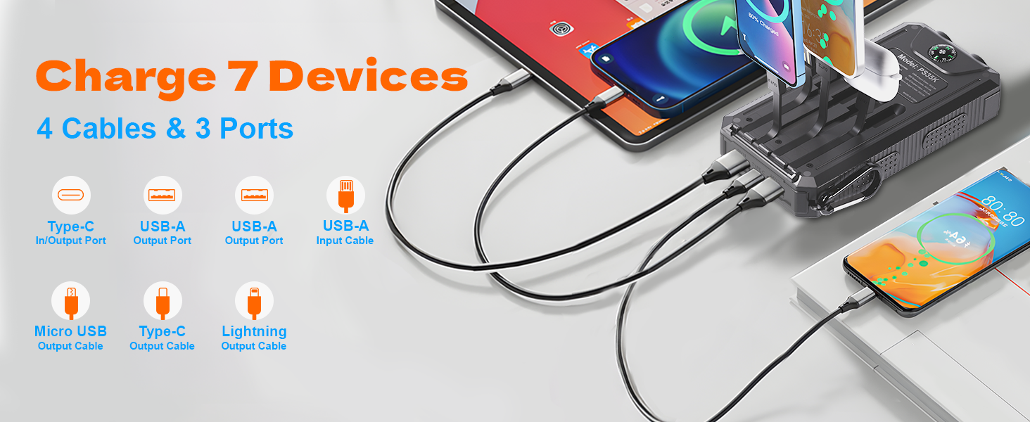 Portable Phone Charger, 4 Cables Outdoor Waterproof External Backup Power Charger with USB-C