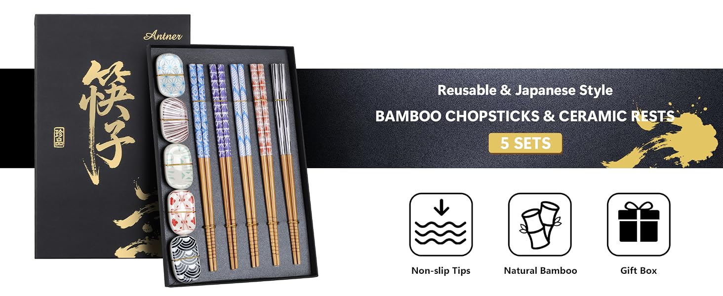 Reusable Bamboo Chopsticks and 5PCS Ceramic Rests Set