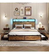 Giantex Queen Bed Frame with LED Lights Headboard and 4 Storage Drawers, Metal Platform Bed with ...