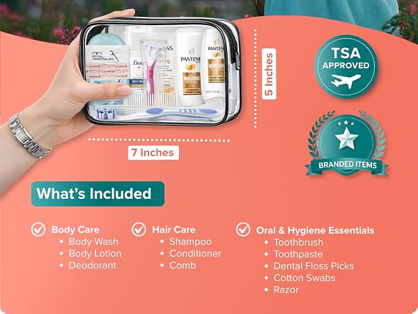 Hand holding 7x5 inch travel hygiene kit with body, hair, and oral care essentials.