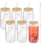 FELISTORY 6 Pcs Bow Glass Cup with Lid and Straw, 16 fl oz Pink Bow Cups Tumbler Iced Coffee Glas...