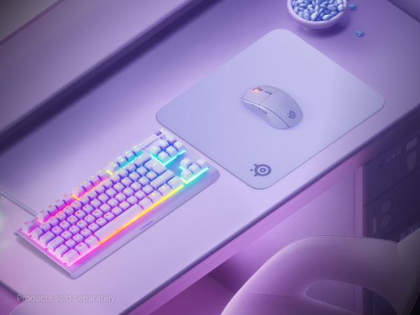 Desktop setup with a keyboard, mouse, headset, and mouse pad