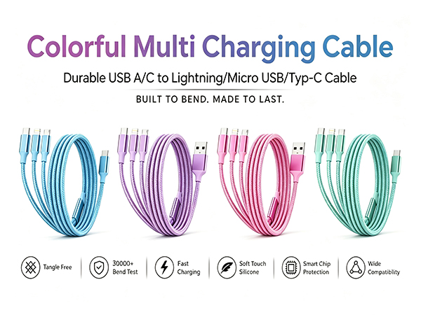 purple blue pink green multi charging cable 4ft 2pack 3 in 1 charger cord 3 in 1 charging cable usb