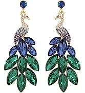 Vintage Peacock Dangle Earrings for Women 14K Gold Plated Green Crystal Feather Peafowl Statement...