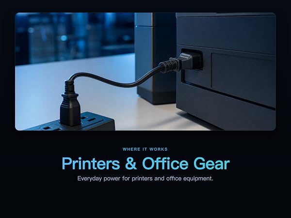 NEMA 5-15P to C13 power cord 18 AWG 10A 125V shown in a Printers & Office Gear scene