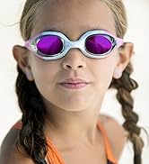 girl wearing pink and gray arena swim goggles and a black and orange arena swimsuit