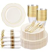Liacere 350PCS Ivory Plastic Plates-Cream Disposable Plates With Gold Rim-50Guest Baroque Plastic...