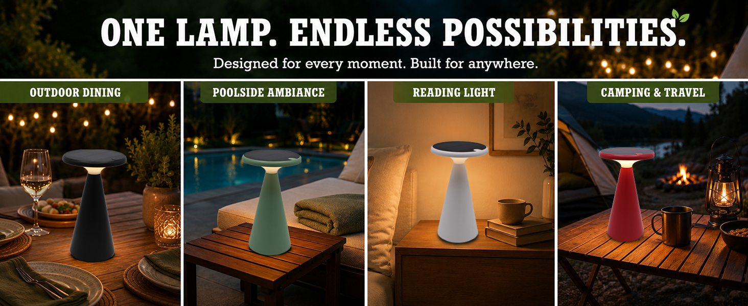 VerLuce portable solar lamp can be used anywhere indoors or outdoors - dining, camping, reading.