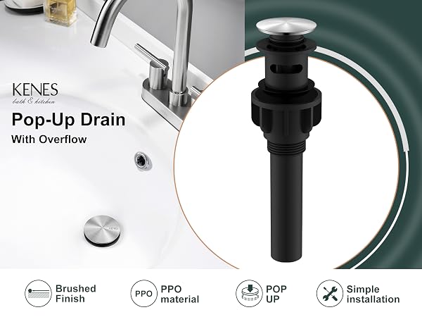 KENES Brushed Nickel Bathroom Sink Drain Stopper Pop up Sink Drain with Overflow