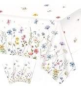 LINHAXM 3 Pack Spring Floral Tablecloth, Wildflower Butterfly Plastic Table Cover for Easter, Bir...