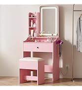 DUMOS Makeup Vanity Desk, Vanity Table Set with Mirror and Lights, Small Vanity with Storage Benc...