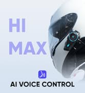 White motorcycle helmet with integrated AI voice control. Features visible speaker icon and blue accent light. Text 'HI MAX' prominently displayed.