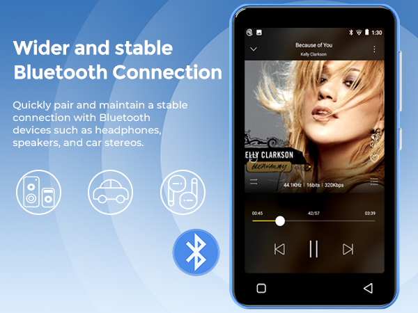Smartphone displaying music player interface. Text overlay highlights 'Wider and stable Bluetooth Connection' feature with icons for quick pairing and stable connection.