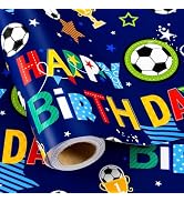 Burymento Soccer Birthday Wrapping Paper Roll - 17 in x 16.4 ft, Happy Birthday Gift Wrap for Men...