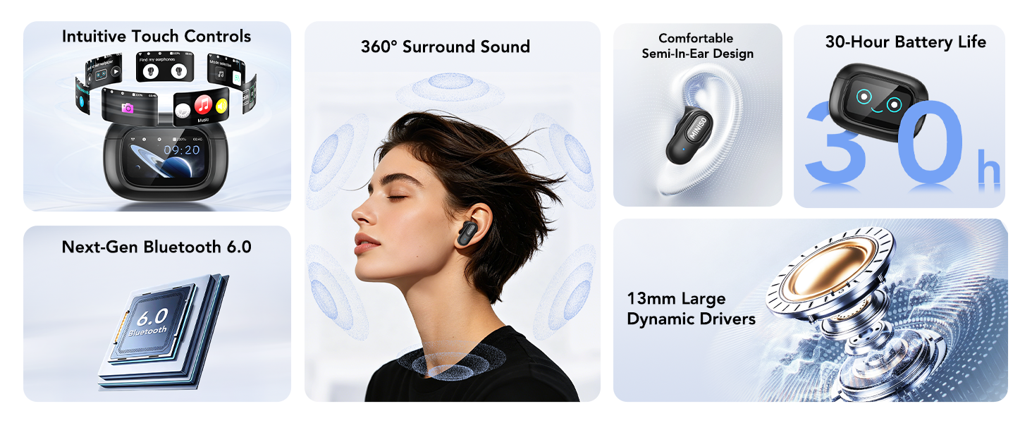 miniso earbuds with Touchscreen 360° Surround Sound Bluetooth 6.0 Semi-In-Ear 30-Hour Battery Life