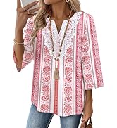 WIHOLL 3/4 Length Sleeve Womens Tops Boho V Neck Lace Shirt Trendy Blouses Dressy Casual Vacation...