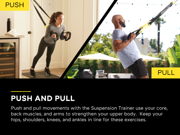Two people using at-home gym equipment. Text reads: Push and pull.