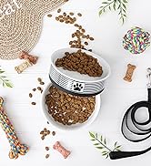 Black striped pet bowl filled with food