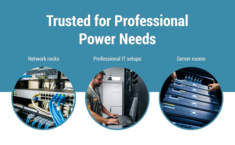 Photos show network equipment, a technician working at a server rack, and servers in a rack