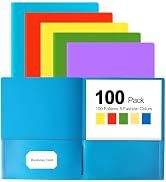 HABGP 100 Folders with Pockets, 5 Color Heavy Duty Plastic Two Pocket Folder with Business Card H...