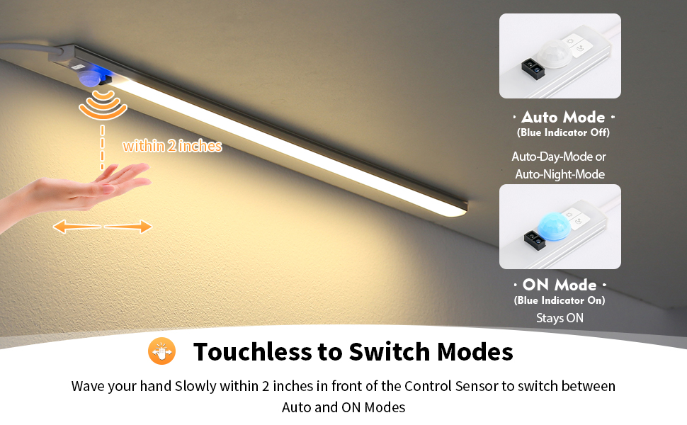 touchless switch to auto motion sensor or always on mode with dimmable brightness feature