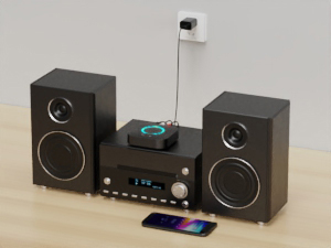 Black stereo system with speakers and digital display, showing wireless device charging pad and connected smartphone.