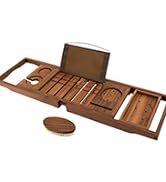 Teak Bathtub Tray, Expandable Wooden Bath Tray for Tub with Wine and Book Holder, Solid Bathroom ...