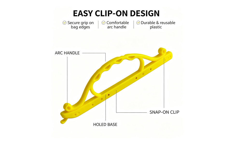 Annotated diagram of yellow bag sealing clip with arc handle and snap-on base