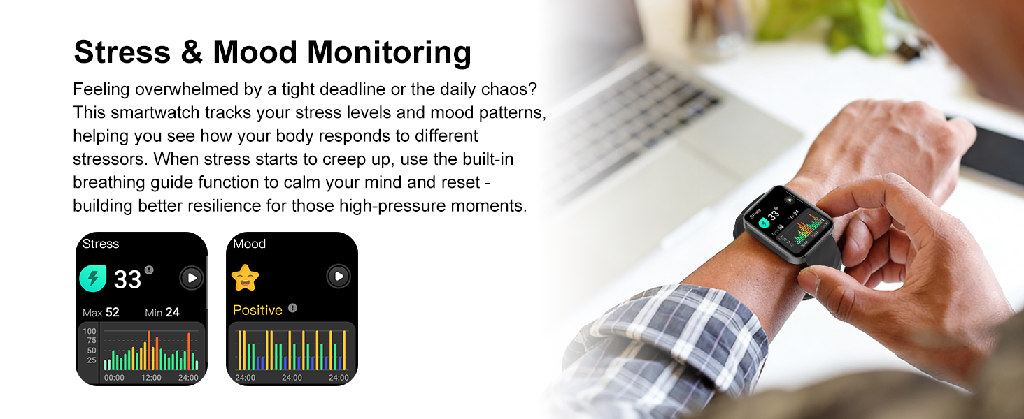 Tracks stress and mood on smartwatch. Use built-in breathing guide to refocus when overwhelmed.