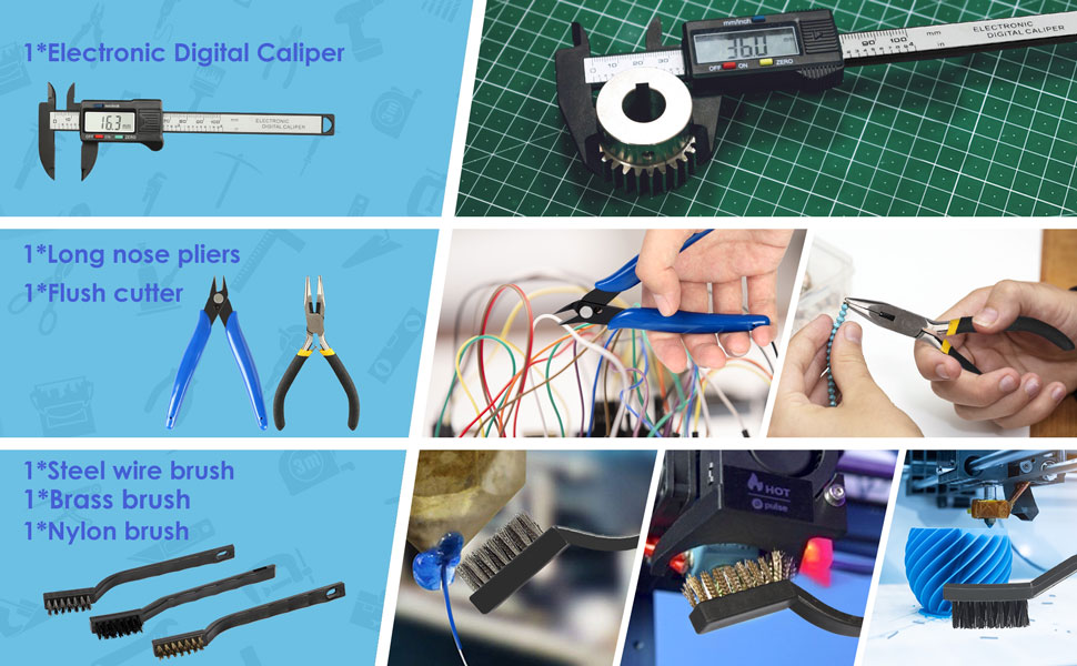 included digital caliper, long nose pliers, flush cutter, wire brush