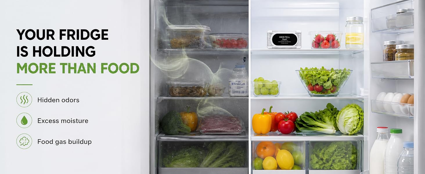 Split fridge comparison showing odor buildup versus fresh organized refrigerator