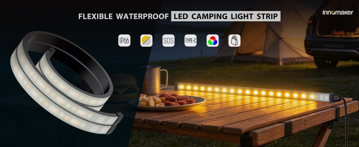 Flexible Waterproof LED Camping Light Strip with SOS Mode, RGB Ambient Lighting