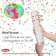Text reads: 'How to use: 1. Top hand to the right 2. Bottom hand to the left' Note: Please do not point at any people or animals when using.' Illustration shows confetti pattern.