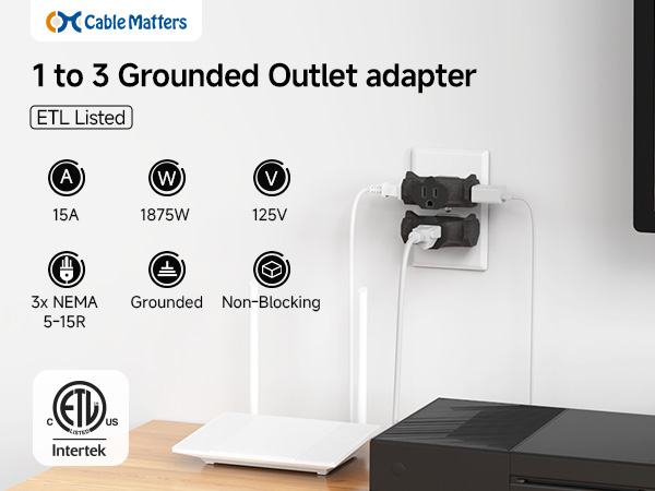 Cable Matters 3-Pack 3 Way Plug Adapter 15A 1875W