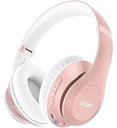 Rose gold wireless over-ear headphones with white ear cushions. Features visible control buttons and Uliptz branding. Sleek design with curved headband and adjustable ear cups.