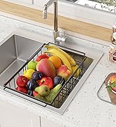 Series of product photos showing kitchen sink with collapsible colander/strainer that folds flat. Multiple angles demonstrate its use for washing and straining fruits and vegetables.