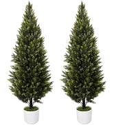 DTNESS 2 Pack 4FT Artificial Cypress Topiary Trees w/Pots for Porch Decor | UV-resistant, Evergre...