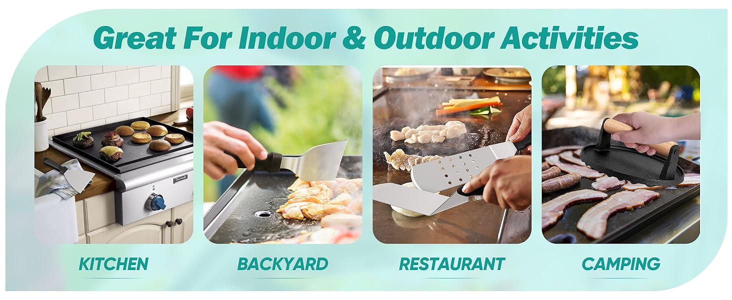 Our flattop griddle accessories set if great for kitchen cooking, backyard barbecue, camping trip,