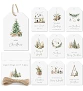 AUDREE 50 Pcs Boho Green Christmas Gift Tags with String – Rustic Minimalist Holiday Tags for Xma...