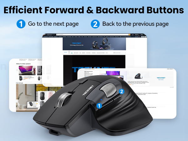 Text reads 'Efficient Forward & Backward Buttons', 'Go to the next page', 'Back to the previous page'. Black ergonomic computer mouse with directional navigation buttons displayed with documentation and lifestyle product images.
