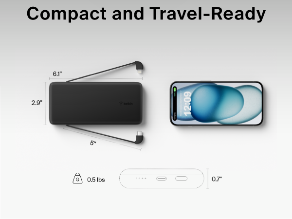 Image of power bank charger measurements with text reading compact and travel ready.